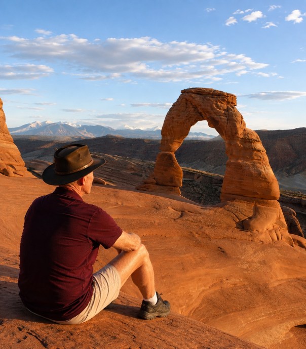 Man sitting on a sandstone overlook facing Delicate Arch in Arches National Park, Utah.