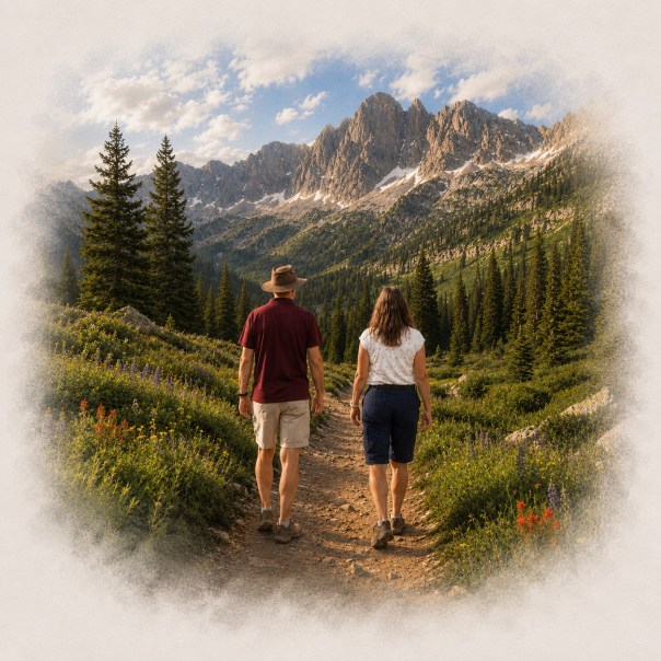 Two people walking a mountain trail through wildflowers beneath rugged peaks, representing friendship, hope, and the shared journey of everyday life.