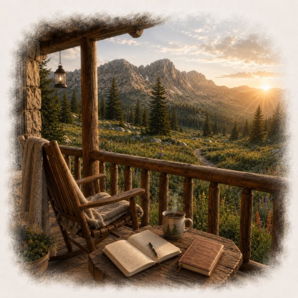 Peaceful cabin porch overlooking a mountain valley at sunset.