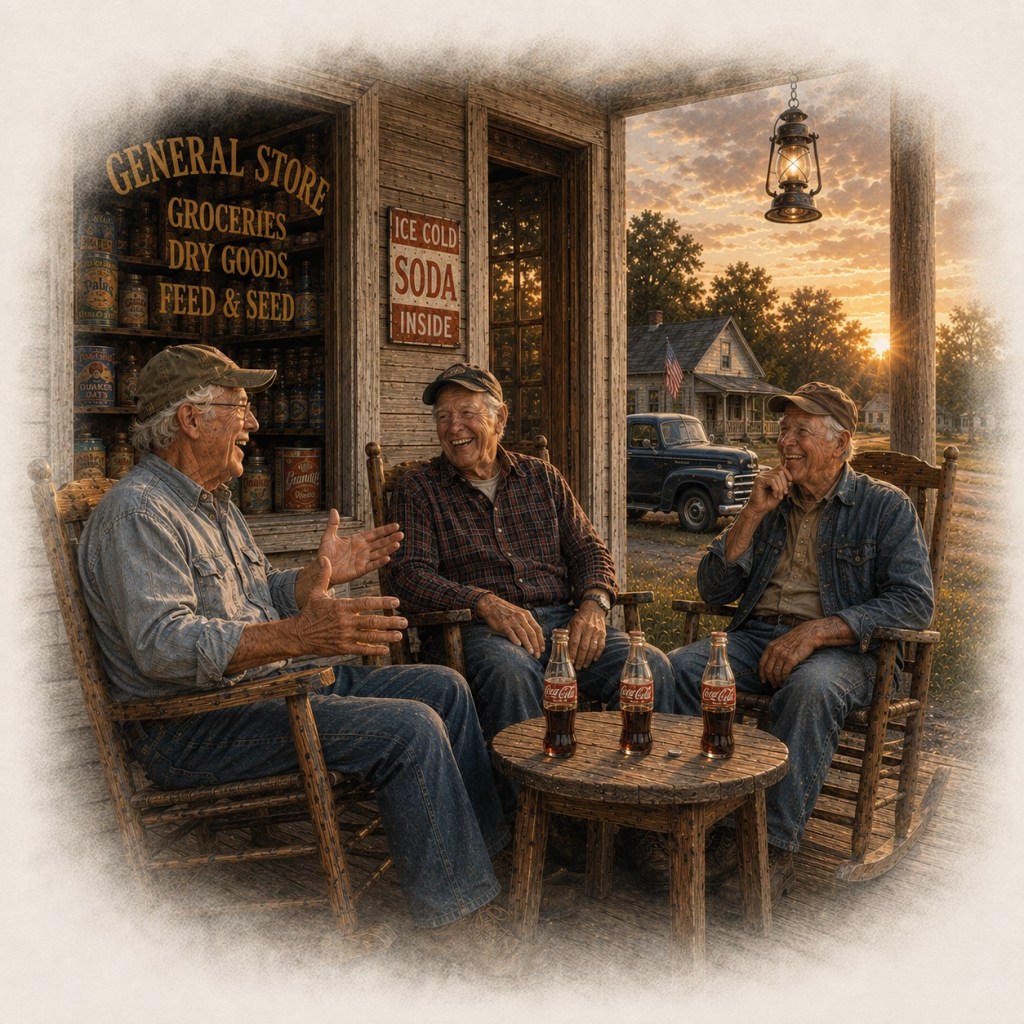 Three friends laughing together in rocking chairs on the porch of a small-town country store, with glass soda bottles on the table and warm evening sunlight in the background.