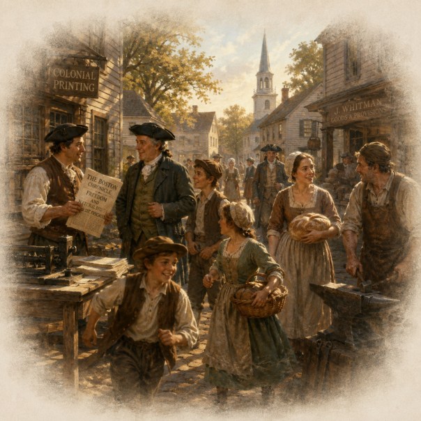 Colonial townspeople gather in a village street as a printer, merchant, blacksmith, farmers, women, and children begin a new day, reflecting the everyday Americans whose lives helped shape the nation's history.