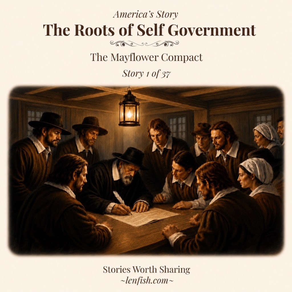 The Roots of Self Government card depicting Mayflower passengers gathered around a table as the Mayflower Compact is written and signed.