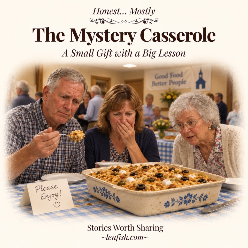 The Mystery Casserole card featuring three people reacting with surprise to an unusual casserole at a church potluck.