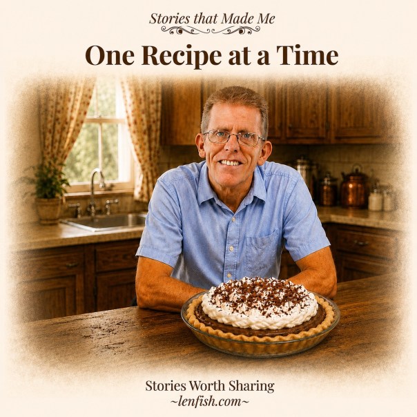 Len Fish holding a homemade pie in a kitchen for the story “One Recipe at a Time.”