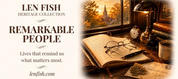 Len Fish Remarkable People Heritage Collection card featuring a vintage writing desk, journal, lamp, and reading glasses.