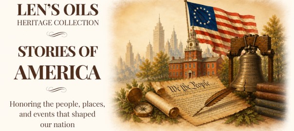 Stories of America Heritage Collection card featuring a historic American flag, old books, and a vintage writing desk.